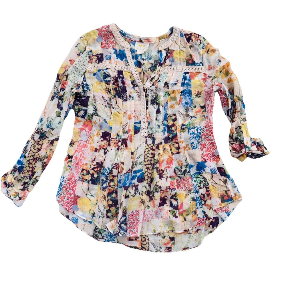 Maeve Anthropologie V-Neck Floral Patchwork Lace Womens Blouse 2 Boho